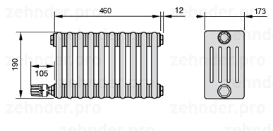Схема (чертеж) Радиатор Zehnder Charleston 5019/10 №V003 Белый глянцевый RAL 9016